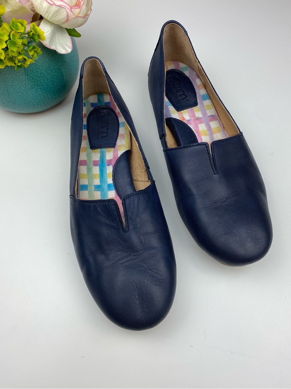 Born Sz 8 Sebra Flats Navy Blue Leather Slip On Casual Loafer Sz 8